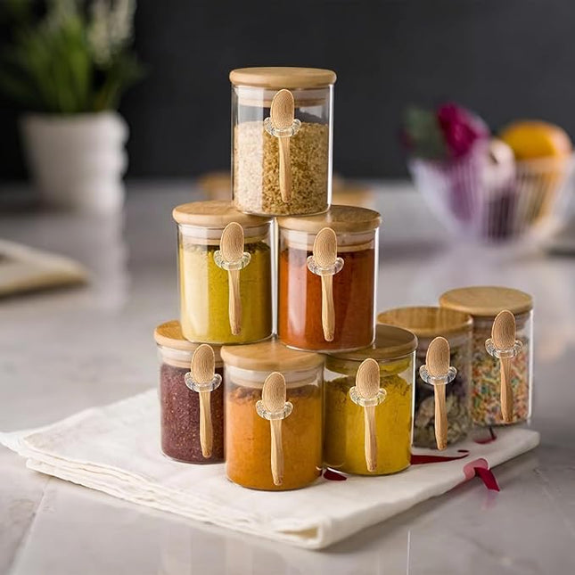 Spice Jars with Label 7oz Glass Storage Containers with Lids and Spoon Small Glass Jars for Overnight Oats Cereal Containers Storage Meal Prep Jars for Sugar Yogurt Chia Pudding Salt Candy 8pcs