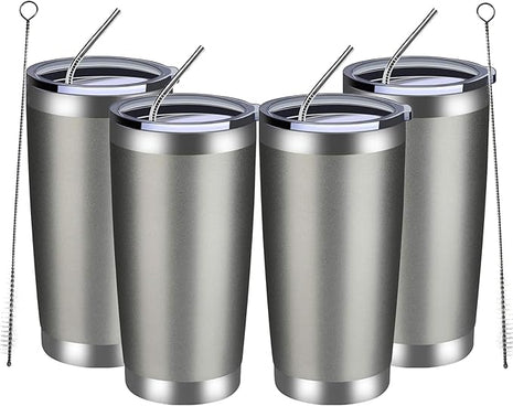 MEWAY 20oz Tumbler 4 Pack Double Wall Vacuum Insulated Travel Mug Bulk, Stainless Steel Tumblers with Lid and Straw, Durable Powder Coated Coffee Cups for Cold & Hot Drinks (Cold Gray, 4)