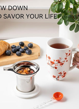 Sweejar Porcelain Tea Mug with Infuser and Lid,Teaware with Filter, Loose Leaf Tea Cup Steeper Maker, 16 Fl Oz for Tea/Coffee/Milk/Women/Office/Home/Gift (Plum Blossom)