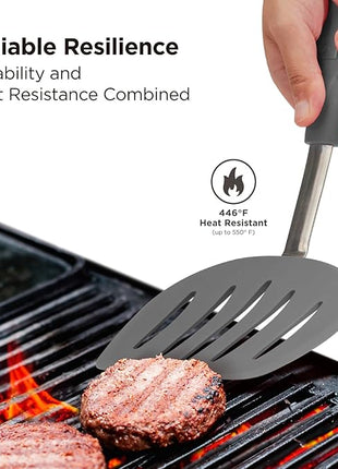 Kitchen Mama WaltzGrip Platinum Silicone Pancake Spatula Turner: Heat Resistant Flexible, Stainless Steel Core, Nonstick, Dishwasher Safe, Flipper – Ideal Kitchen Cookware Egg, Fish, Meat (Metal Gray)