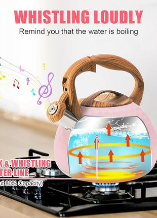 Whistling Tea Kettle,3.2Qt Stainless Steel Stove Kettle, Food Grade Teapot with Wood Pattern Handle for Coffee, Milk etc, Gas Electric Applicable (Pink)