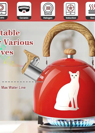 ARC Stainless Steel Red Whistling Tea Kettle, Magic Color Changing Design 2-Quart Stovetop Kettle Whistle Teapot with Folding Cup & Trivet Mat