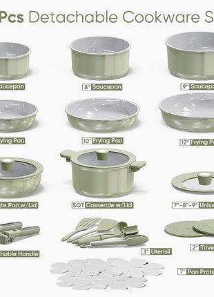 CAROTE 27pcs Ceramic Cookware Set Nonstick, Pots and Pans Set Non stick, Non Toxic Cookware, Dishwasher/Oven Safe, RV/Camping Cookware Set, Pan and Pot with Kitchen Utensils, Green