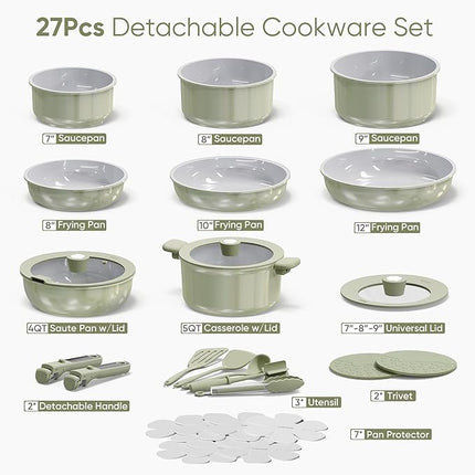 CAROTE 27pcs Ceramic Cookware Set Nonstick, Pots and Pans Set Non stick, Non Toxic Cookware, Dishwasher/Oven Safe, RV/Camping Cookware Set, Pan and Pot with Kitchen Utensils, Green