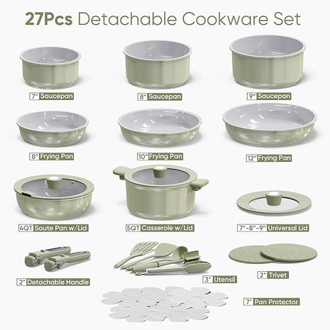 CAROTE 27pcs Ceramic Cookware Set Nonstick, Pots and Pans Set Non stick, Non Toxic Cookware, Dishwasher/Oven Safe, RV/Camping Cookware Set, Pan and Pot with Kitchen Utensils, Green
