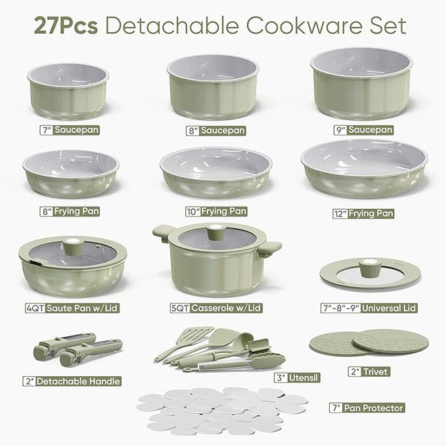 CAROTE 27pcs Ceramic Cookware Set Nonstick, Pots and Pans Set Non stick, Non Toxic Cookware, Dishwasher/Oven Safe, RV/Camping Cookware Set, Pan and Pot with Kitchen Utensils, Green