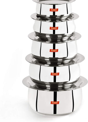 Sumeet Stainless Steel Belly Shape 5 Pc Tope/Cookware/Pot Set with Lid 380ML, 500ML, 780ML, 1.1Ltr, 1.4Ltr, (Silver)