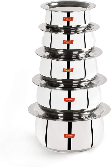 Sumeet Stainless Steel Belly Shape 5 Pc Tope/Cookware/Pot Set with Lid 380ML, 500ML, 780ML, 1.1Ltr, 1.4Ltr, (Silver)