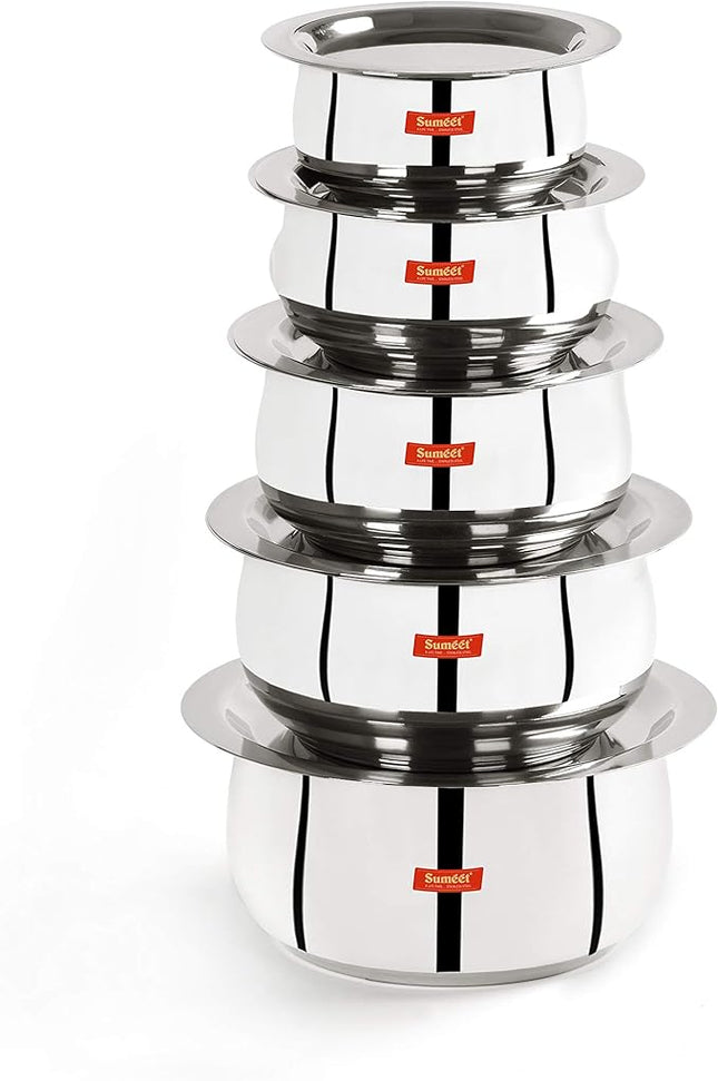 Sumeet Stainless Steel Belly Shape 5 Pc Tope/Cookware/Pot Set with Lid 380ML, 500ML, 780ML, 1.1Ltr, 1.4Ltr, (Silver)