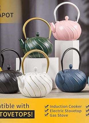 Tea Kettle, TOPTIER Japanese Cast Iron Teapot with Stainless Steel Infuser, Cast Iron Tea Kettle for Stove Top, Wave Design Teapot Coated with Enameled Interior for 30 Ounce (900 ml), Navy Blue