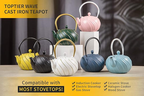 Tea Kettle, TOPTIER Japanese Cast Iron Teapot with Stainless Steel Infuser, Cast Iron Tea Kettle for Stove Top, Wave Design Teapot Coated with Enameled Interior for 30 Ounce (900 ml), Navy Blue