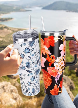 SYACOT 40 oz Tumbler with Handle and Straw Stainless Steel Insulated Tumbler Leak Proof Lid and Straw Lid Reusable Travel Mug Coffee Mug Cup Dishwasher Safe Keep Drinks Cold and Hot (Jasmine)