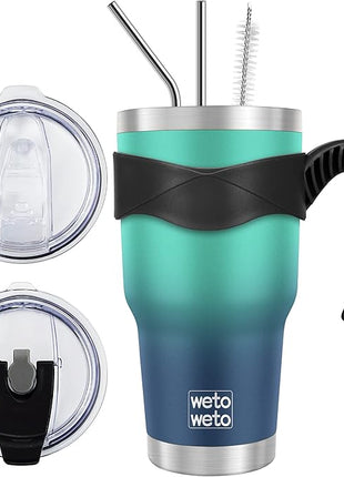WETOWETO 30 oz Tumbler with 2 Straws and 2 Lids, Stainless Steel Insulated Vacuum Coffee Tumbler Cup, Double Wall Leakproof Travel Mug (Green-Blue Gradient, 1 Pack)