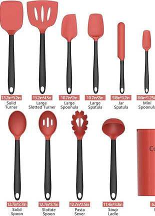 Coukre Silicone Kitchen Cooking Utensils Set with Holder – Heat-Resistant, Food-Grade Kitchen Tools, Spatula, Spoon & Gadgets for Non-Stick Pans, Dishwasher Safe (14, Red)