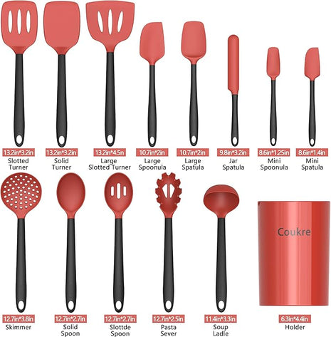 Coukre Silicone Kitchen Cooking Utensils Set with Holder – Heat-Resistant, Food-Grade Kitchen Tools, Spatula, Spoon & Gadgets for Non-Stick Pans, Dishwasher Safe (14, Red)