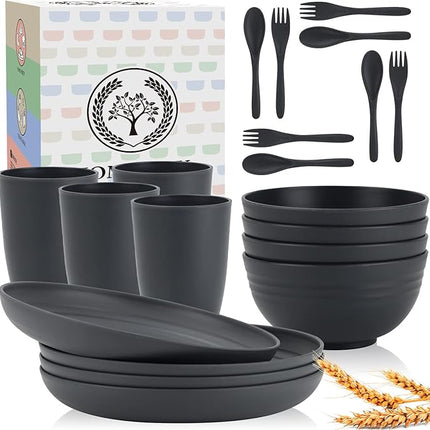 Wheat Straw Dinnerware Sets, Homienly 20pcs Unbreakable Microwave Dishwasher Safe Tableware Lightweight Bowls, Cups, Plates Set Reusable Dinner Plates Bowls set (Dark Grey)