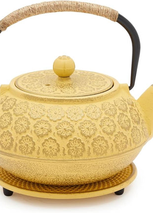 Juvale Japanese Cast Iron Teapot - Stainless-Steel Infuser & Loose Leaf Tea Pot - Superior Heat Retention Cast Iron Kettle - Elegant Floral Trivet For Home Tea Set - 800 ml, Yellow