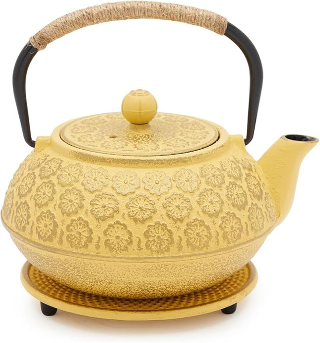Juvale Japanese Cast Iron Teapot - Stainless-Steel Infuser & Loose Leaf Tea Pot - Superior Heat Retention Cast Iron Kettle - Elegant Floral Trivet For Home Tea Set - 800 ml, Yellow