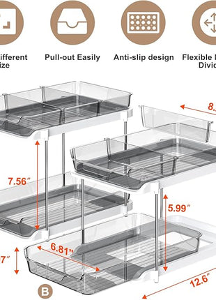 Delamu 2-Tier Multi-Purpose Bathroom Under Sink Organizers and Storage, Stackable Kitchen Pantry Organization, Pull Out Medicine Cabinet Organizer with Movable Dividers, Grey, 2 Pack