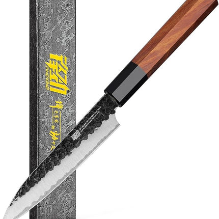 FINDKING Dynasty Series Kitchen Utility Knife, Multi-Purpose Japanese Paring Knife, 9Cr18MoV High Carbon Steel Blade, African Rosewood Octagonal Handle, Small, for Fruits Vegetables, 5 Inches