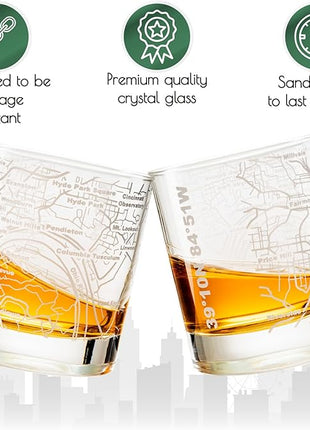 Greenline Goods Whiskey Glasses - 10 Oz Tumbler Set for Cincinnati lovers, Etched with Cincinnati City Map Old Fashioned Rocks Glass - Set of 2