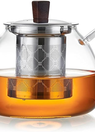 34OZ/1000ml Glass Teapot with Stainless Steel Infuser, Drip-Free Spout, and Wooden Knob Lid – Stovetop Safe Borosilicate Tea Kettle for Loose Leaf and Herbal Tea Brewing