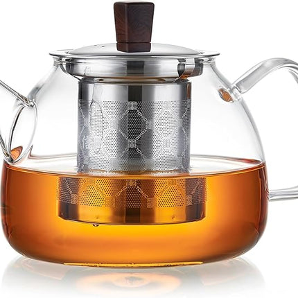 34OZ/1000ml Glass Teapot with Stainless Steel Infuser, Drip-Free Spout, and Wooden Knob Lid – Stovetop Safe Borosilicate Tea Kettle for Loose Leaf and Herbal Tea Brewing