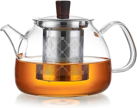 34OZ/1000ml Glass Teapot with Stainless Steel Infuser, Drip-Free Spout, and Wooden Knob Lid – Stovetop Safe Borosilicate Tea Kettle for Loose Leaf and Herbal Tea Brewing