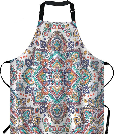 EKOBLA Bohemian Aprons Floral Paisley Medallion Pattern Retro Ethnic Mandala Ornament Waterproof Resistant Chef Cooking Kitchen BBQ Adjustable Aprons for Women Men 27x31 Inch