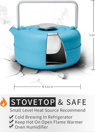 Toptier Teapot with Removable Infuser, Cast Iron Tea Kettle Stovetop Safe, Solid Geometry Cylinder Design Tea Pot Coated with Enameled Interior for 27 Ounce (800 ml), Blue