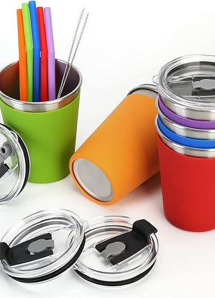 5Pack Kids Cups with Straws and Lids Spill Proof, 12oz Toddler Straw Cups with Colorful Silicone Sleeves, Unbreakable Stainless Steel Water Tumblers for Cold & Hot Drinks