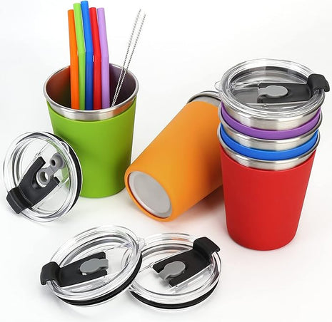 5Pack Kids Cups with Straws and Lids Spill Proof, 12oz Toddler Straw Cups with Colorful Silicone Sleeves, Unbreakable Stainless Steel Water Tumblers for Cold & Hot Drinks