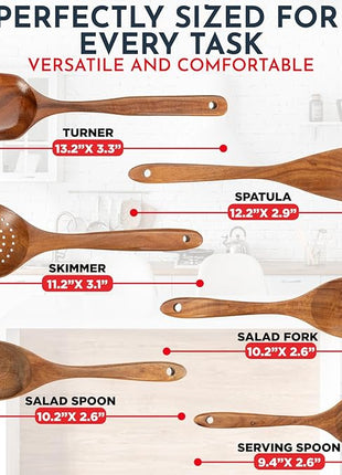 Teak Wooden Utensil Set 6-Piece - Smooth Finish Wooden Spoons for Cooking - Comfortable Grip, Non Scratch Premium Kitchen Wooden Cooking Utensils Set Teak Wood Cooking Utensils