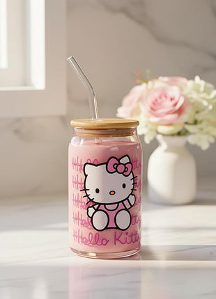 Silver Buffalo Sanrio Hello Kitty Waving Pink Glass Jar Tumbler with Bamboo Lid and Glass Straw, 16 Ounces