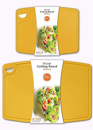 Liflicon Thick Cutting Boards for Kitchen Silicone Chopping Board Set of 2 Mid 12.6'' x 9.1”,Mini 9.1”x7.1” Non-slip Deep Drip Juice Groove Easy Grip Handle,Dishwasher Safe-Yellow