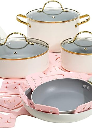 Paris Hilton Epic Nonstick Pots and Pans Set, Multi-layer Nonstick Coating, Tempered Glass Lids, Soft Touch, Stay Cool Handles, Made without PFOA, Dishwasher Safe Cookware Set, 12-Piece, Cream