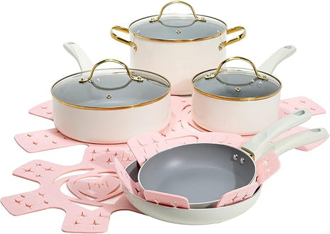 Paris Hilton Epic Nonstick Pots and Pans Set, Multi-layer Nonstick Coating, Tempered Glass Lids, Soft Touch, Stay Cool Handles, Made without PFOA, Dishwasher Safe Cookware Set, 12-Piece, Cream