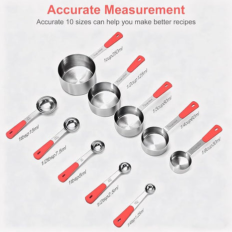 Measuring Cups and Spoons Set Stainless Steel 10 Piece for Cooking and Baking (5 Cups + 5 Spoons, Red Handle)