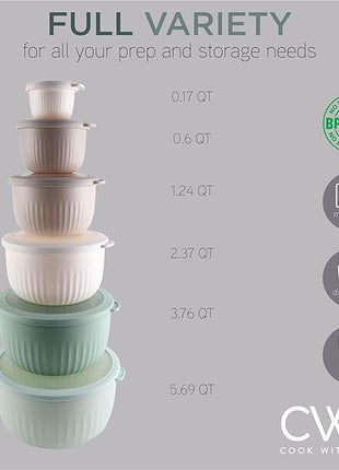 COOK WITH COLOR Prep Bowls with Lids- Wide and Deep Nesting Plastic Small Mixing Bowl Set with Lids, 12 Piece Set - Deep Bowls, Mint