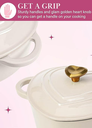 Paris Hilton Enameled Cast Iron Dutch Oven Heart-Shaped Pot with Lid, Dual Handles, Works on All Stovetops, Oven Safe to 500°F, 2-Quart, Cream