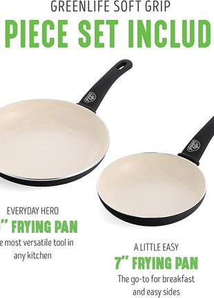 GreenLife Non Stick Fry Pan Set (7" & 10"), Non-Toxic PFAS-Free Ceramic Skillets, Dishwasher & Oven Safe, Egg Omelet Frying Pans, Stay- Cool Handles, Kitchen Home Cooking Essentials, Black and Cream