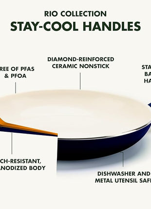 GreenPan Rio Healthy Ceramic Nonstick 8" Frying Pan Skillet and Silicone Spatula Set, Soft Grip Handle, Breaktfast Meal Set, PFAS-Free, Dishwasher Safe, Oven Safe, Oxford Blue