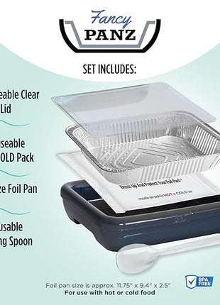 Fancy Panz - Blue Marble Premium Aluminum Foil Pan Carrier with Lid & Hot/Cold Pack - Elevated Food Serving Tray - Portable Casserole Carrier with Lid - Made in the USA Hosting Essentials