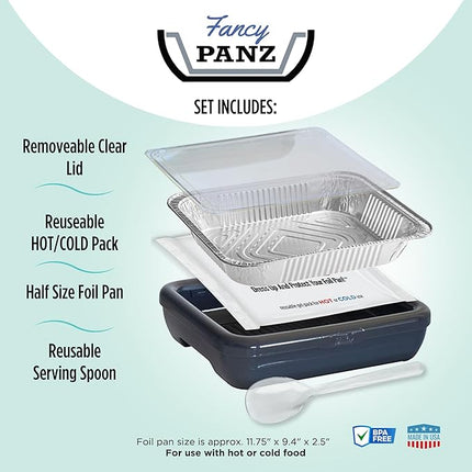 Fancy Panz - Blue Marble Premium Aluminum Foil Pan Carrier with Lid & Hot/Cold Pack - Elevated Food Serving Tray - Portable Casserole Carrier with Lid - Made in the USA Hosting Essentials