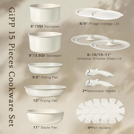 GiPP Ceramic Pots and Pans Set Non Stick, Nonstick Detachable Handle Cookware Sets, Healthy Non Toxic PFAS PFOA & PTFE Free, Dishwasher ＆Oven Safe, Induction Kitchen Pot and Pan, 15 Piece Cream