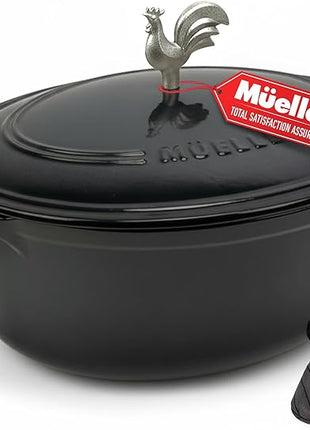 MUELLER HOME 5.5 Quart Enameled Cast Iron Oval Dutch Oven with Rooster Knob & Cotton Potholders, Heavy-Duty Cookware, Oven-Safe up to 500° F & Across All Cooktops, Gifts for Grandma & Women, Black