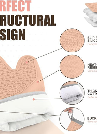 Silicone Oven Mitts, Heat Resistant 2PCS Oven Mitts with Soft Cotton Lining, Waterproof Non-Slip Grip Oven Glove, Kitchen Potholder Mits for BBQ, Baking, Cooking, 12.5 Inch - Pink