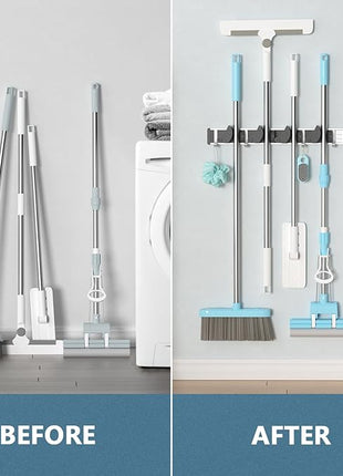 Holikme Mop Broom Holder Wall Mount Metal Pantry Organization and Storage Garden Kitchen Tool Organizer Wall Hanger for Home Goods (4 Positions with 4 Hooks, Black)