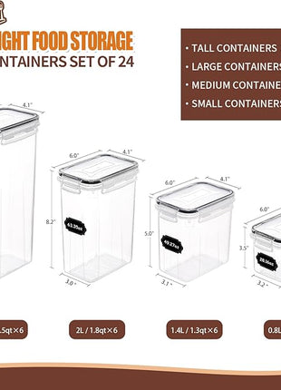 PRAKI Airtight Food Storage Containers Set with Lids - 24 PCS, BPA Free Kitchen and Pantry Organization, Plastic Leak-proof Canisters for Cereal Flour & Sugar - Labels & Marker(Grey)