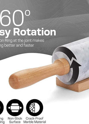 17 Inch Marble Rolling Pin with Wooden Handles & Wood Cradle, Dough Roller for Baking Pizza, Pies, Pastries, Pasta, Cookies